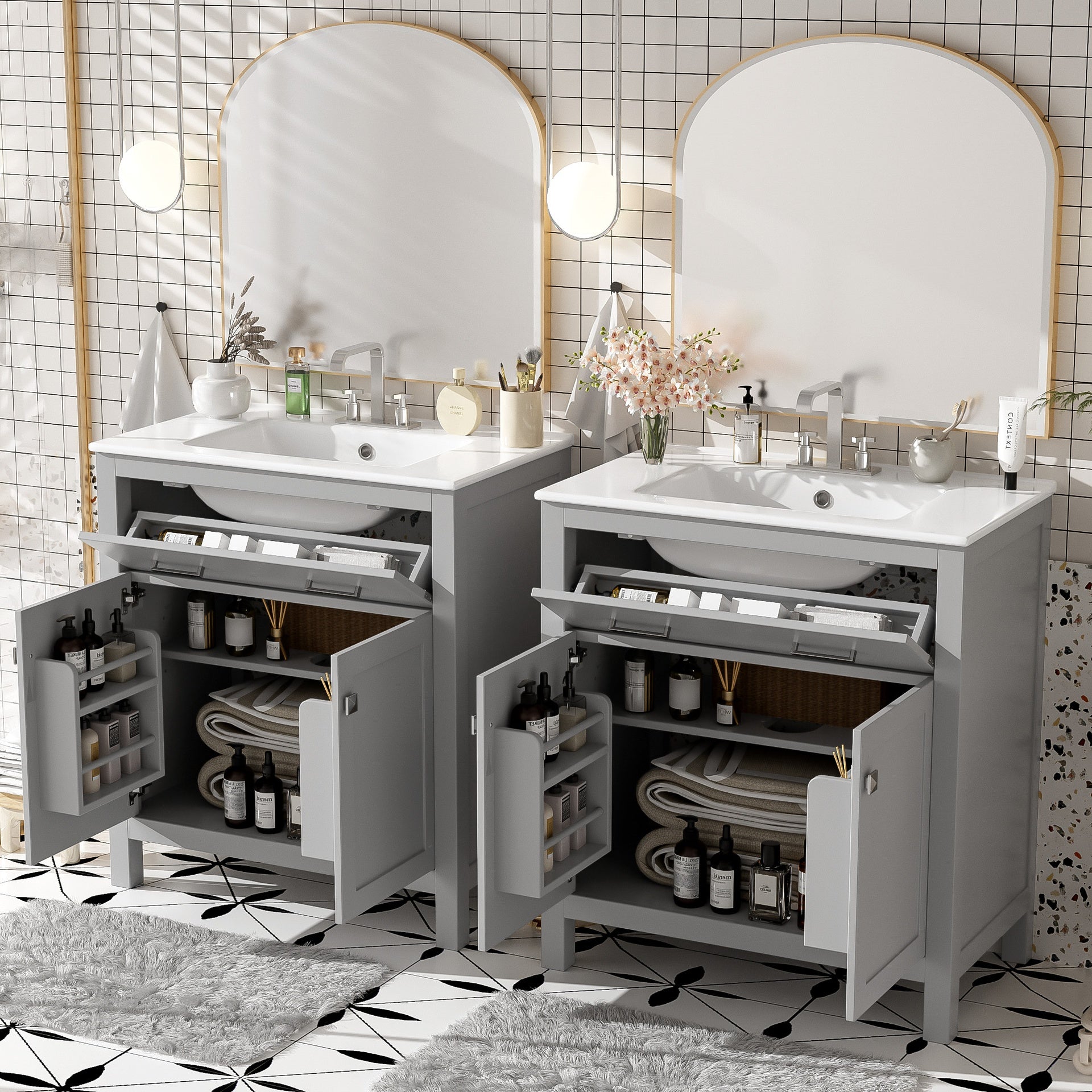 60" Modern Gray Bathroom Vanity Set with Double Vanities (Separate), Double Ceramic Sinks, Adjustable Shelf, Soft Close Doors and Flip Drawer– Modern Bathroom Solution for Spacious Bathrooms