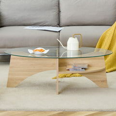Oval Tempered Glass Coffee Table - 41.3"x23.6" Multi-Functional Design.Oval Tabletop.Natural Wood Color Diagonal fan-shaped tray design Table Leg.Suitable for dining rooms, living rooms, offices.