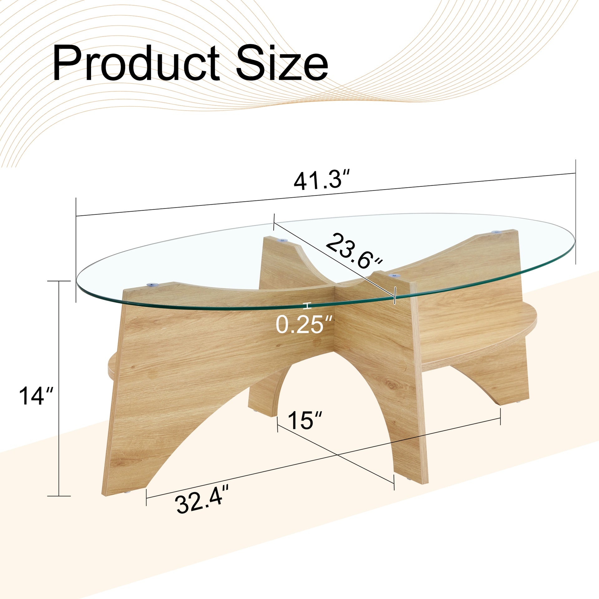 Oval Tempered Glass Coffee Table - 41.3"x23.6" Multi-Functional Design.Oval Tabletop.Natural Wood Color Diagonal fan-shaped tray design Table Leg.Suitable for dining rooms, living rooms, offices.
