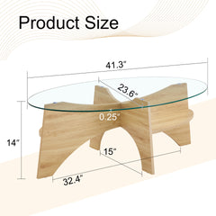 Oval Tempered Glass Coffee Table - 41.3"x23.6" Multi-Functional Design.Oval Tabletop.Natural Wood Color Diagonal fan-shaped tray design Table Leg.Suitable for dining rooms, living rooms, offices.