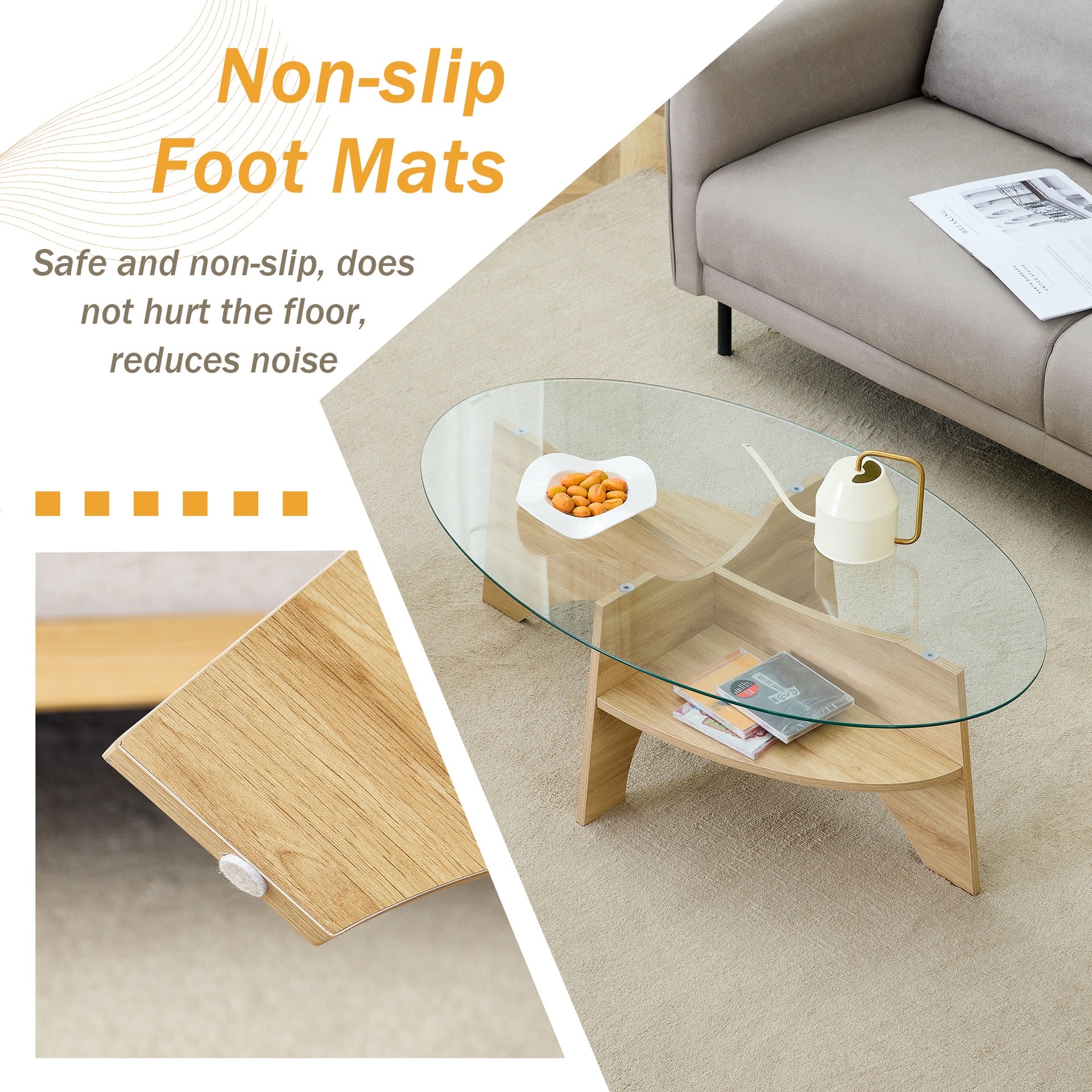 Oval Tempered Glass Coffee Table - 41.3"x23.6" Multi-Functional Design.Oval Tabletop.Natural Wood Color Diagonal fan-shaped tray design Table Leg.Suitable for dining rooms, living rooms, offices.