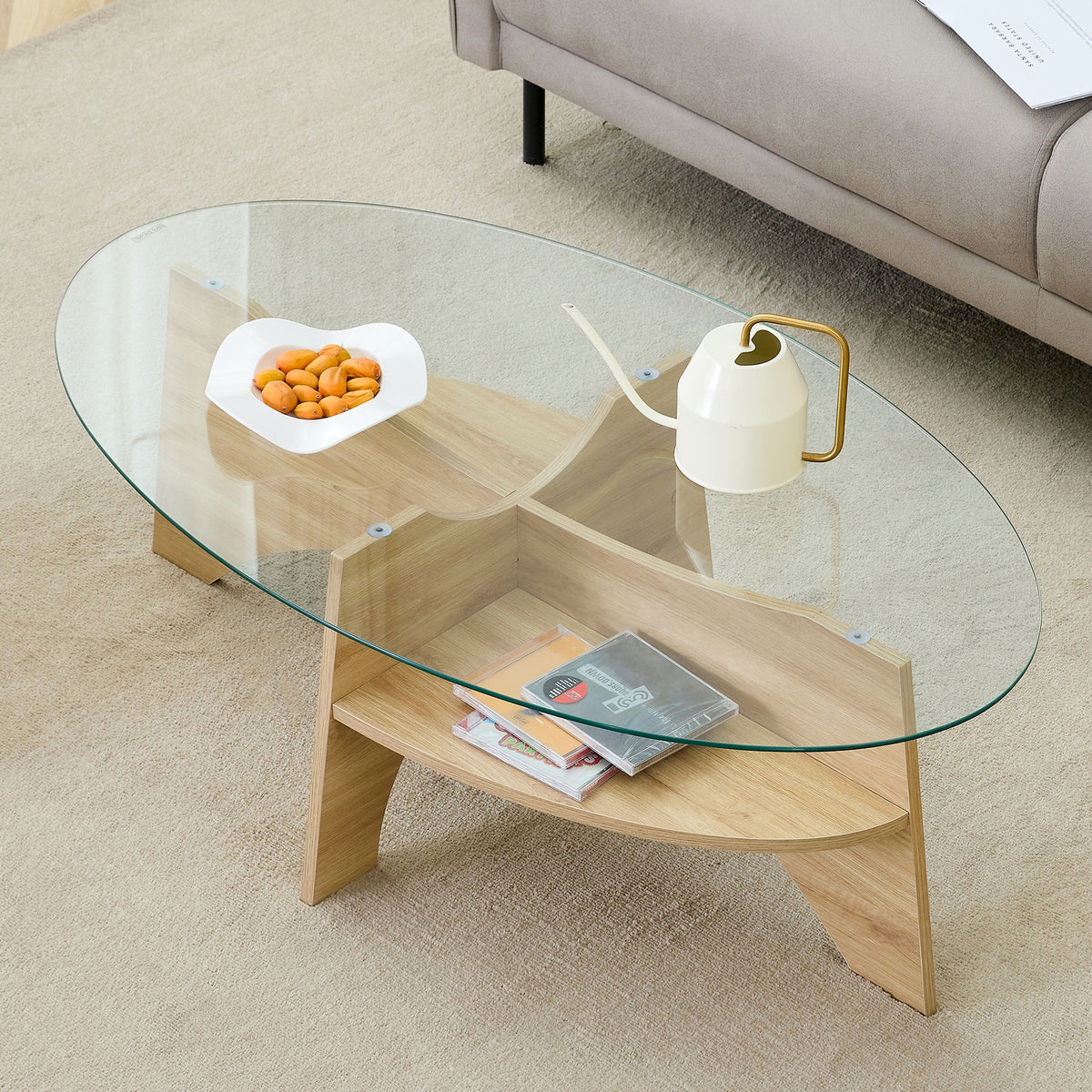 Oval Tempered Glass Coffee Table - 41.3"x23.6" Multi-Functional Design.Oval Tabletop.Natural Wood Color Diagonal fan-shaped tray design Table Leg.Suitable for dining rooms, living rooms, offices.