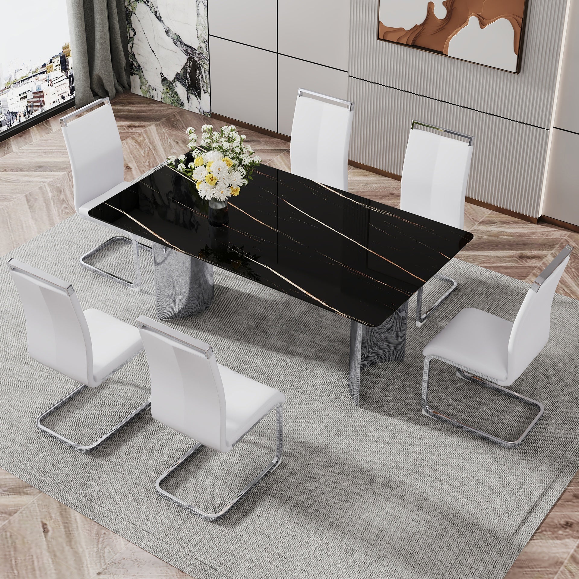 Table and chair set.The table has a glass top with imitation marble pattern stickers and stainless steel silver legs.Paired with 6 White PU Chairs with Silver C-tube Metal Leg.