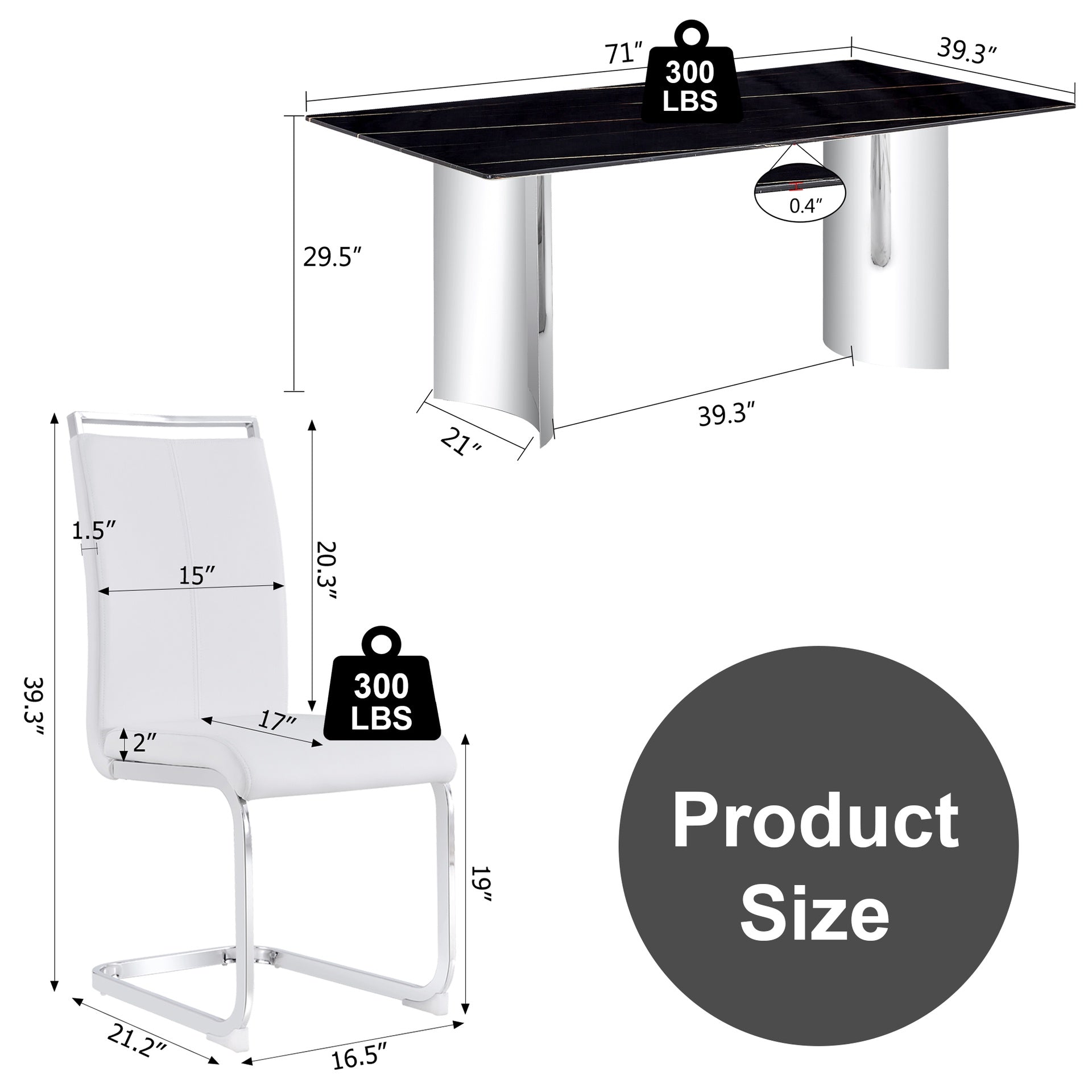 Table and chair set.The table has a glass top with imitation marble pattern stickers and stainless steel silver legs.Paired with 6 White PU Chairs with Silver C-tube Metal Leg.