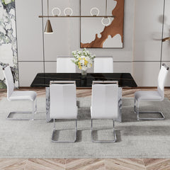 Table and chair set.The table has a glass top with imitation marble pattern stickers and stainless steel silver legs.Paired with 6 White PU Chairs with Silver C-tube Metal Leg.