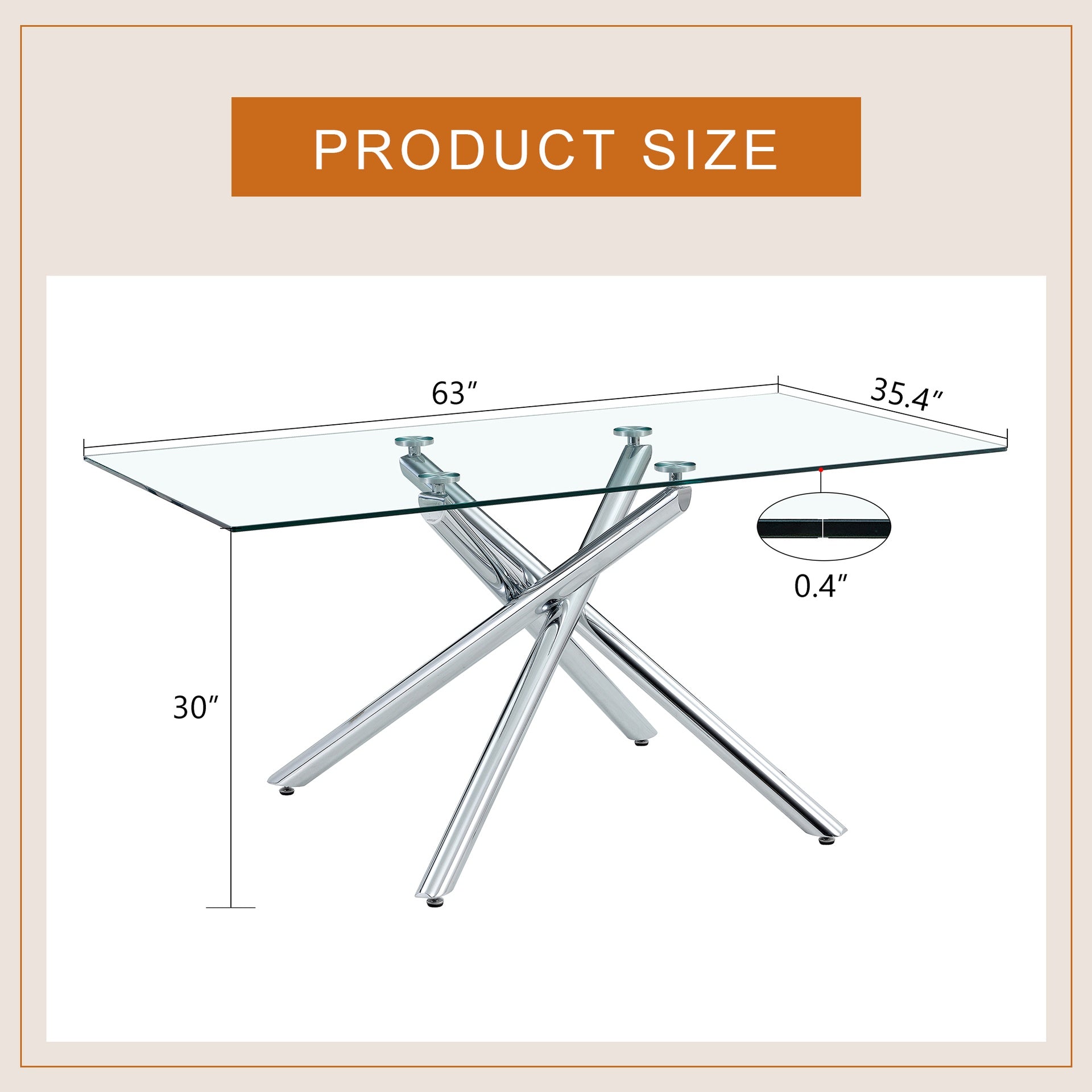 Large Modern Minimalist Rectangular Glass Dining Table with 0.39" Tempered Glass Tabletop and Silver Chrome Metal Legs, for Kitchen Dining Living Meeting Room Banquet hall,63''x35''x 29''W1151S00191