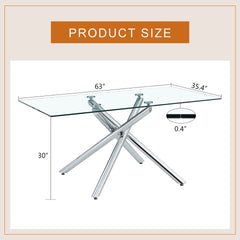 Large Modern Minimalist Rectangular Glass Dining Table with 0.39" Tempered Glass Tabletop and Silver Chrome Metal Legs, for Kitchen Dining Living Meeting Room Banquet hall,63''x35''x 29''W1151S00191