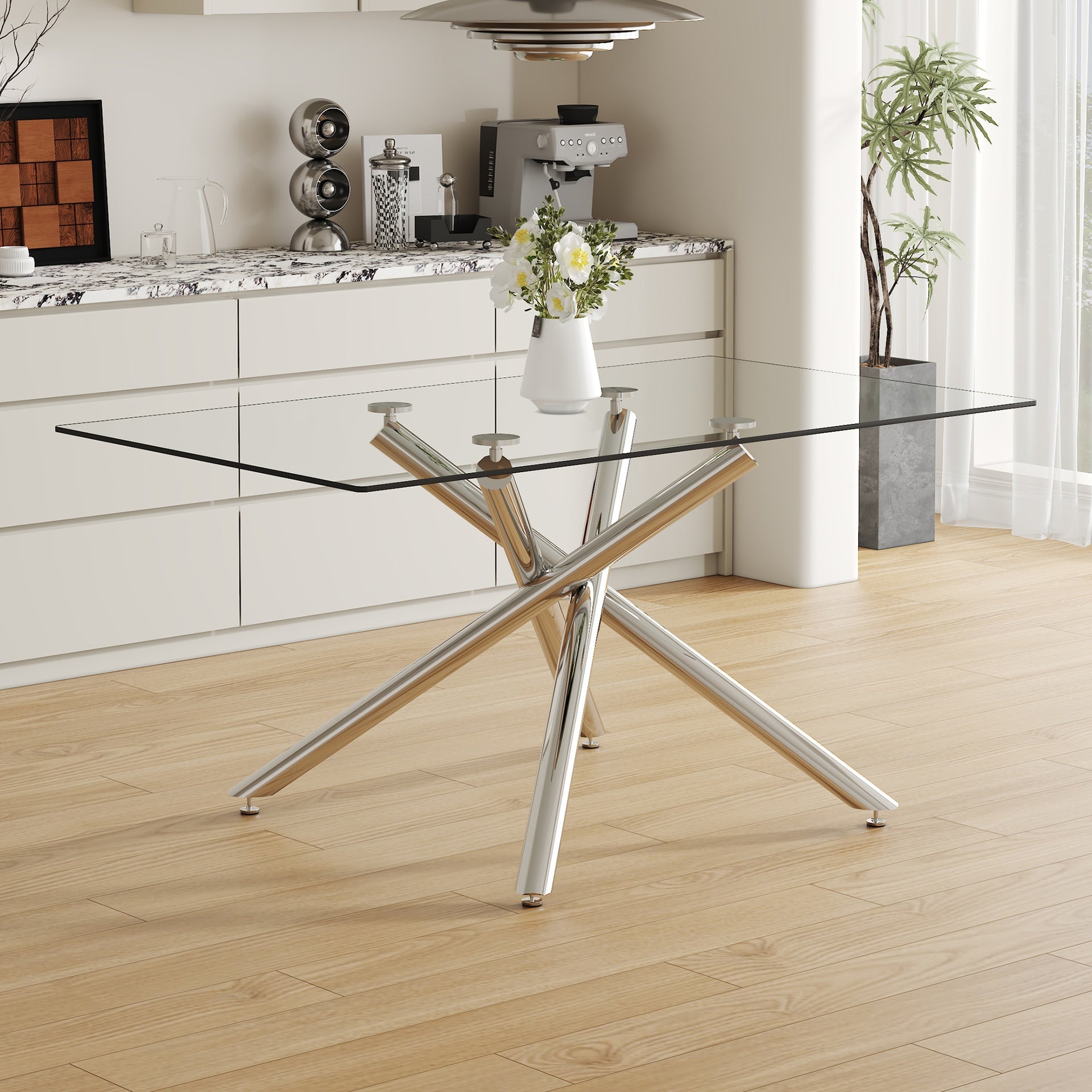 Large Modern Minimalist Rectangular Glass Dining Table with 0.39" Tempered Glass Tabletop and Silver Chrome Metal Legs, for Kitchen Dining Living Meeting Room Banquet hall,63''x35''x 29''W1151S00191