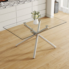 Large Modern Minimalist Rectangular Glass Dining Table with 0.39" Tempered Glass Tabletop and Silver Chrome Metal Legs, for Kitchen Dining Living Meeting Room Banquet hall,63''x35''x 29''W1151S00191