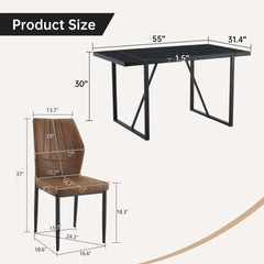 Black Faux Wood Grain MDF Dining Table Set.A minimalist retro rectangular dining table with a black textured top.Paired with 4 Brown - and - Black Dining Chairs with Shell - pattern.