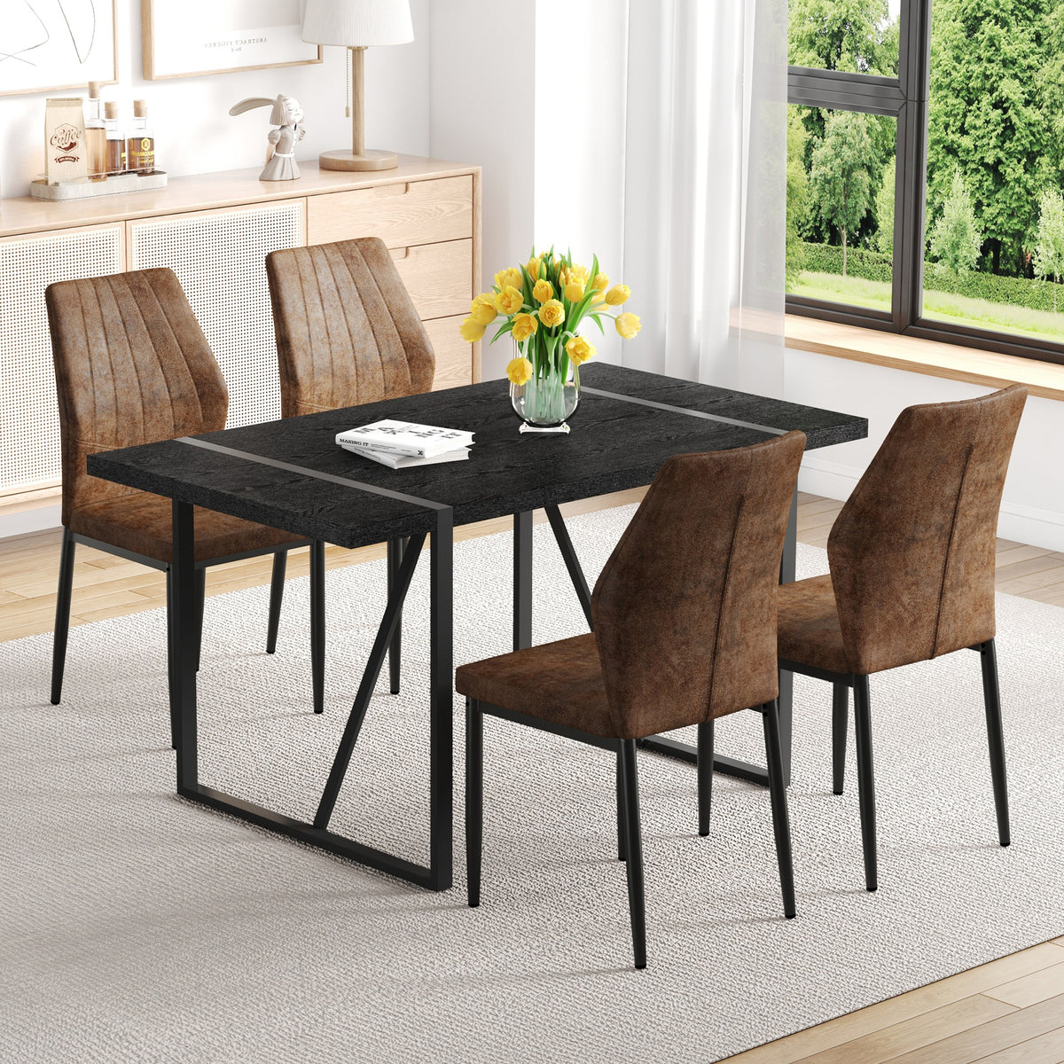 Black Faux Wood Grain MDF Dining Table Set.A minimalist retro rectangular dining table with a black textured top.Paired with 4 Brown - and - Black Dining Chairs with Shell - pattern.