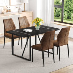 Black Faux Wood Grain MDF Dining Table Set.A minimalist retro rectangular dining table with a black textured top.Paired with 4 Brown - and - Black Dining Chairs with Shell - pattern.