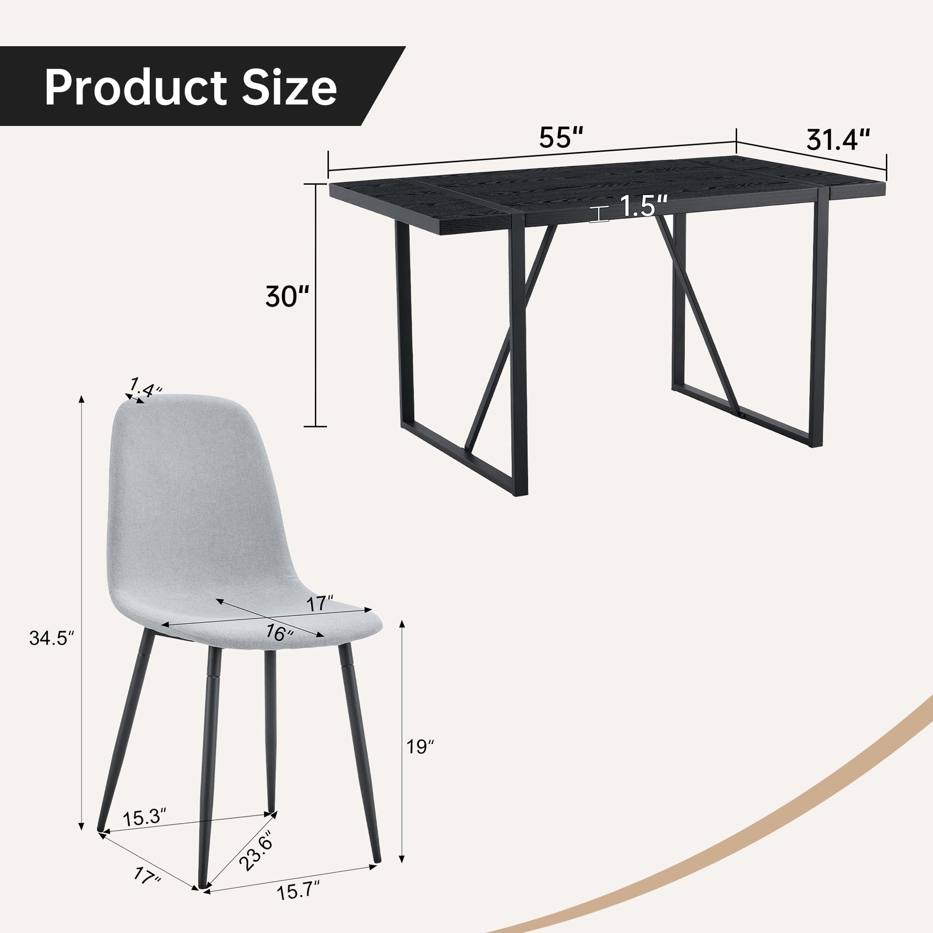 Table and Chair Set. A 55-Inch minimalist retro rectangular dining table with a black textured top.Paired with 4 Light Gray Linen-Cotton Material High Resilience Dining Chair with Metal Leg.