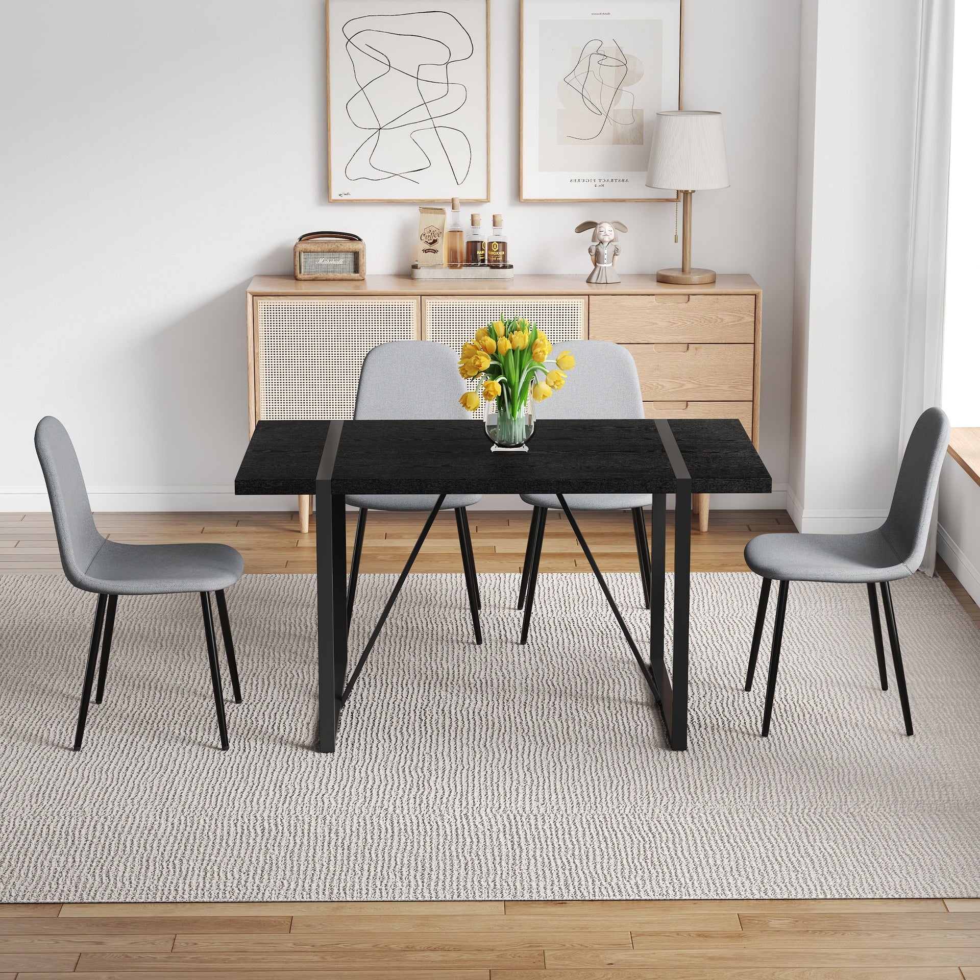 Table and Chair Set. A 55-Inch minimalist retro rectangular dining table with a black textured top.Paired with 4 Light Gray Linen-Cotton Material High Resilience Dining Chair with Metal Leg.