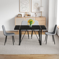 Table and Chair Set. A 55-Inch minimalist retro rectangular dining table with a black textured top.Paired with 4 Light Gray Linen-Cotton Material High Resilience Dining Chair with Metal Leg.