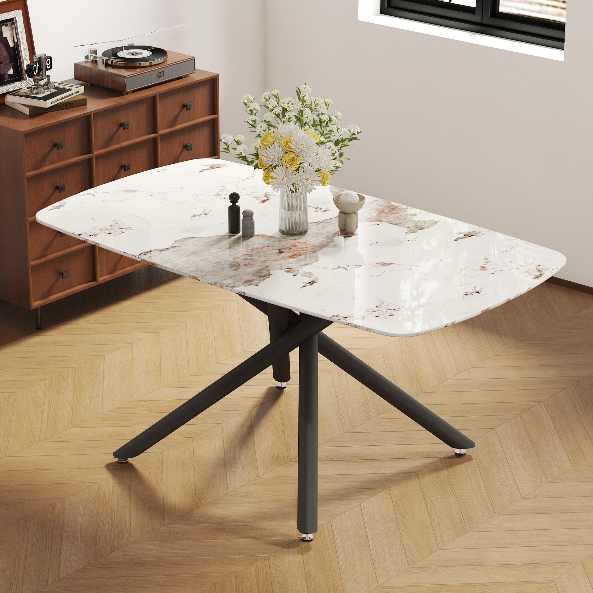 63"x35.4" Luxurious White Marble-Patterned Tempered Glass Dining Table.Single Fork Black Metal Table Legs.Tempered Glass Table Top,Black Metal Leg.Make it Adaptable To Various Styles.W1151S03299