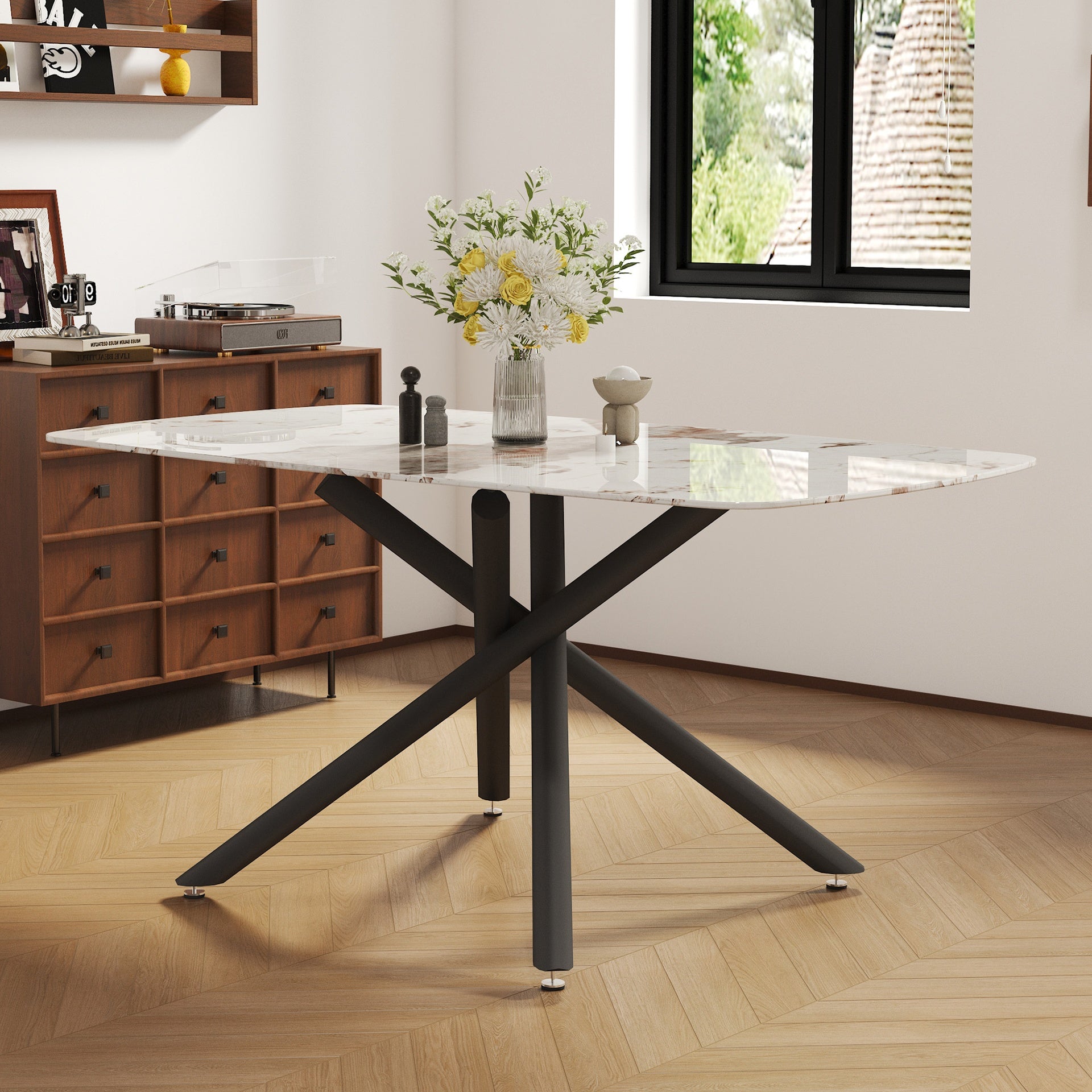 63"x35.4" Luxurious White Marble-Patterned Tempered Glass Dining Table.Single Fork Black Metal Table Legs.Tempered Glass Table Top,Black Metal Leg.Make it Adaptable To Various Styles.W1151S03299