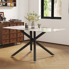 63"x35.4" Luxurious White Marble-Patterned Tempered Glass Dining Table.Single Fork Black Metal Table Legs.Tempered Glass Table Top,Black Metal Leg.Make it Adaptable To Various Styles.W1151S03299