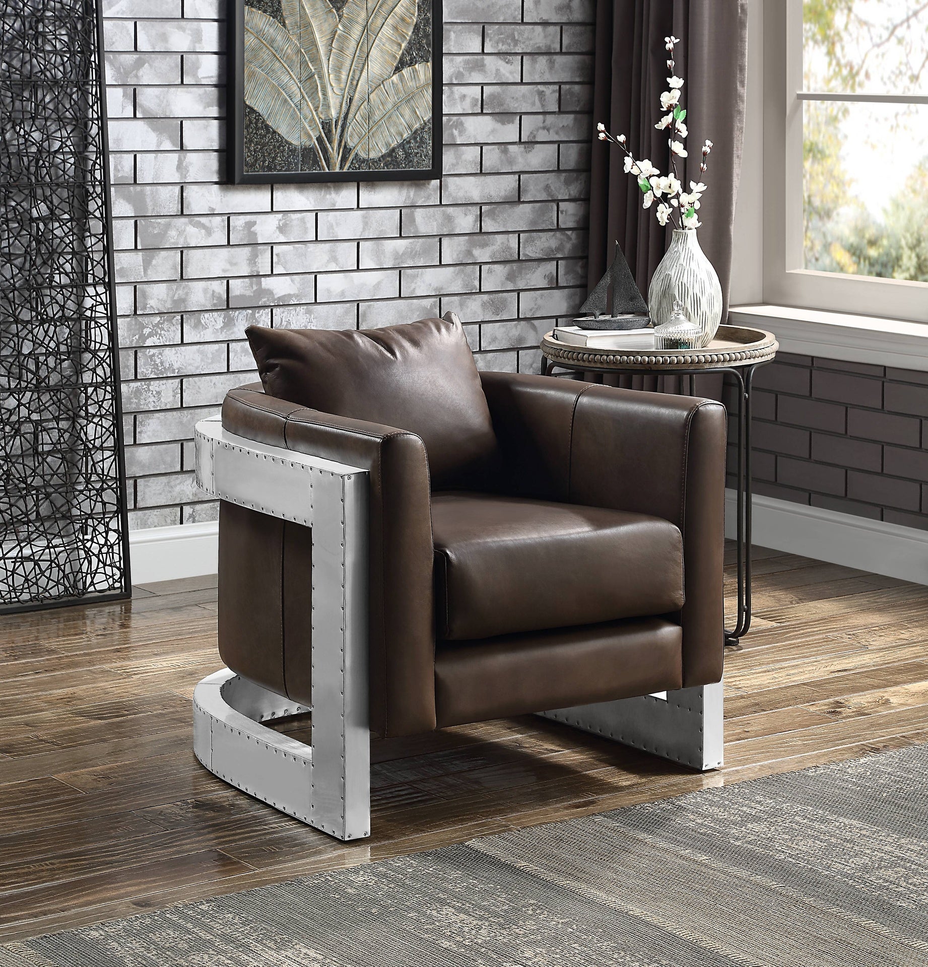 Betla Espresso Top Grain Leather & Aluminum Accent Chair