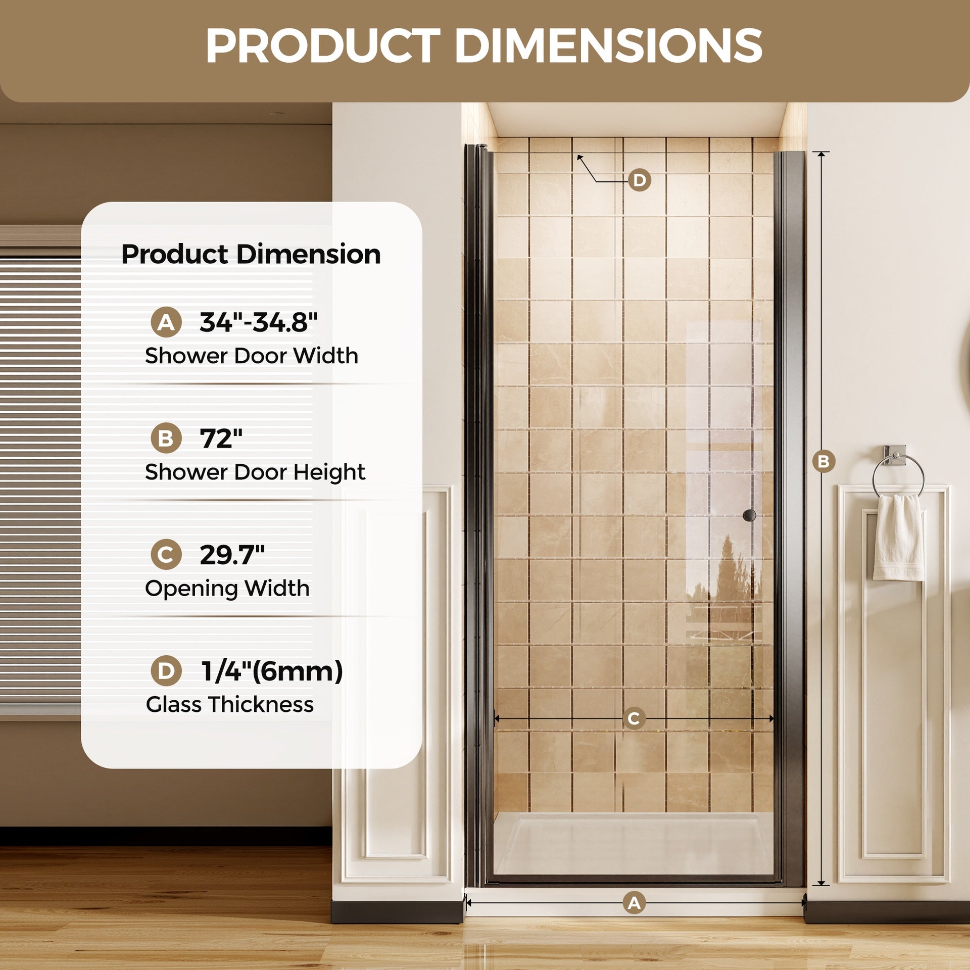 34-34.8" W x 72" H Matte Black Frameless Pivot Shower Door, 1/4" (6mm) Clear SGCC Tempered Glass, Explosion-proof Film