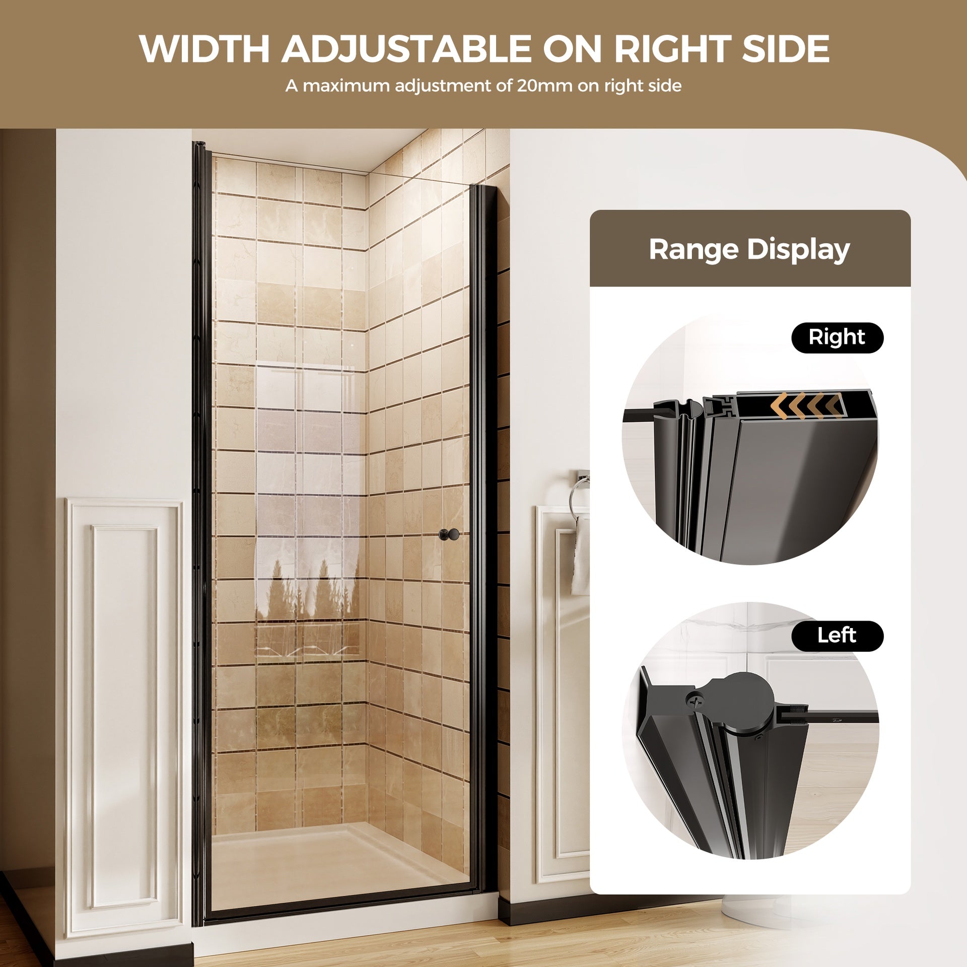 34-34.8" W x 72" H Matte Black Frameless Pivot Shower Door, 1/4" (6mm) Clear SGCC Tempered Glass, Explosion-proof Film