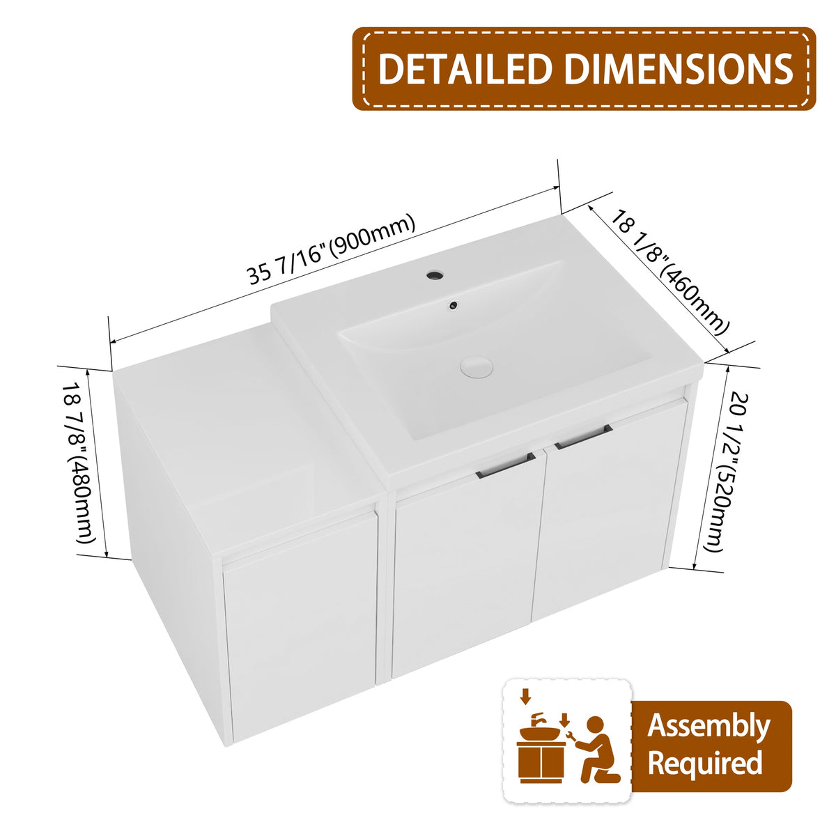 36" Bathroom Vanity With Resin Sink , 2-Soft Close Doors and 1-Side Cabinet, Float Mounting Design, Glossy White, Plywood(KD-Packing)
