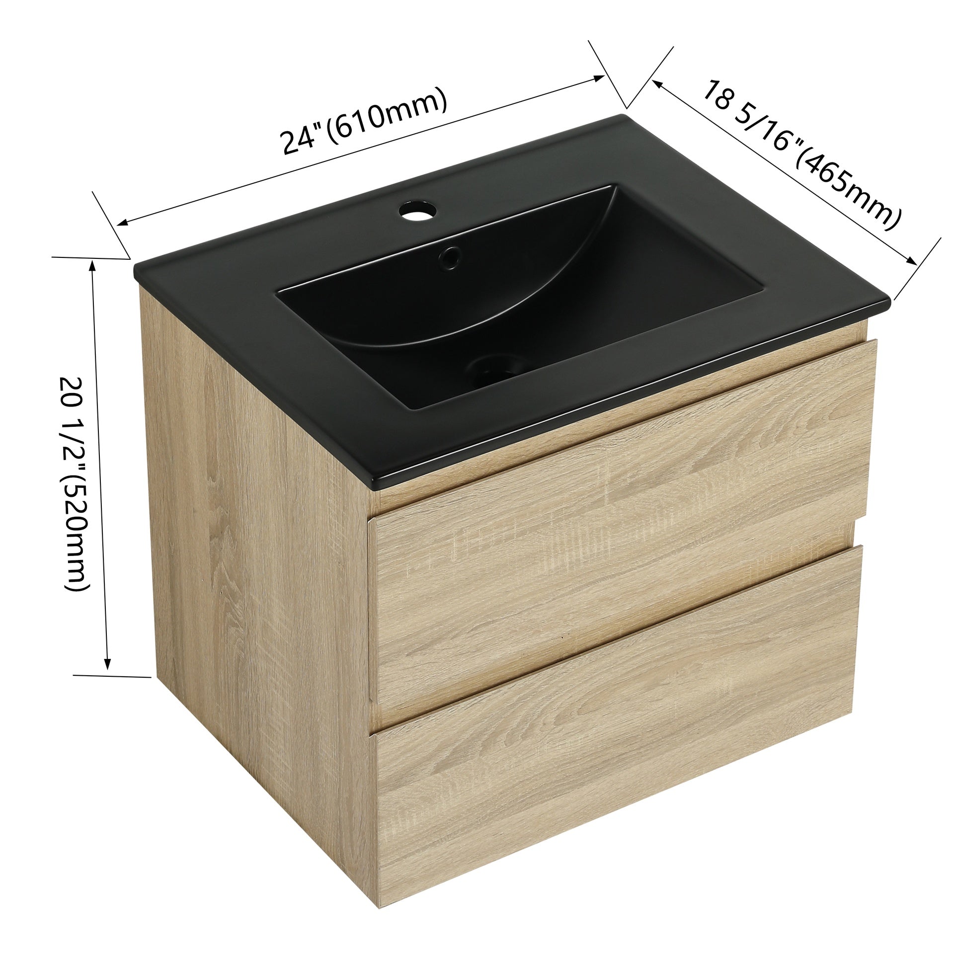 24" Wall-Mounted Bathroom Vanity With Black Ceramic Sink, 2-Soft Close Drawers, KD-Package