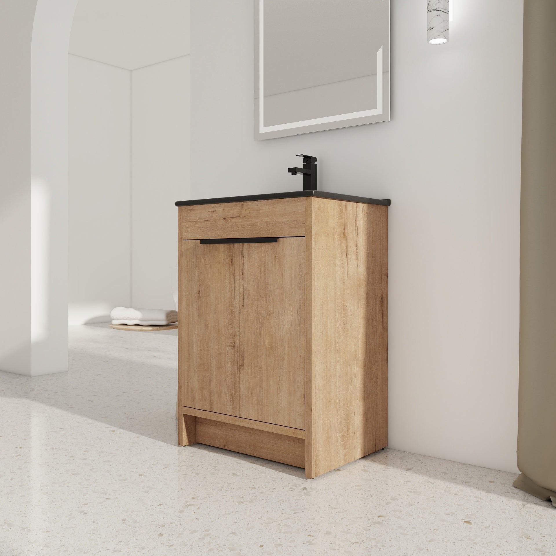 24" Freestanding Bathroom Vanity with Black Ceramic Sink & 2 Soft-Close Cabinet Doors ((KD-PACKING)