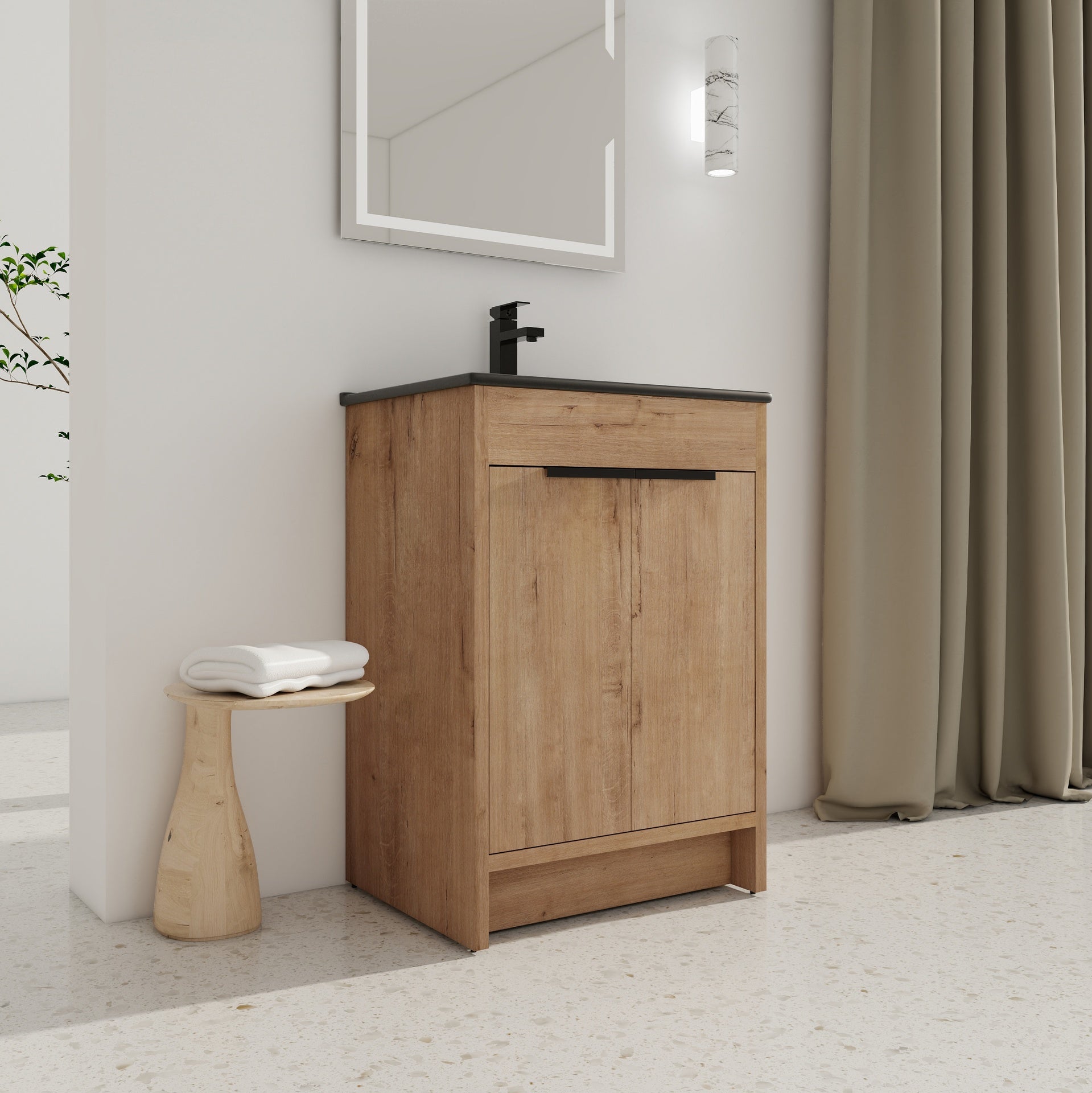 24" Freestanding Bathroom Vanity with Black Ceramic Sink & 2 Soft-Close Cabinet Doors ((KD-PACKING)