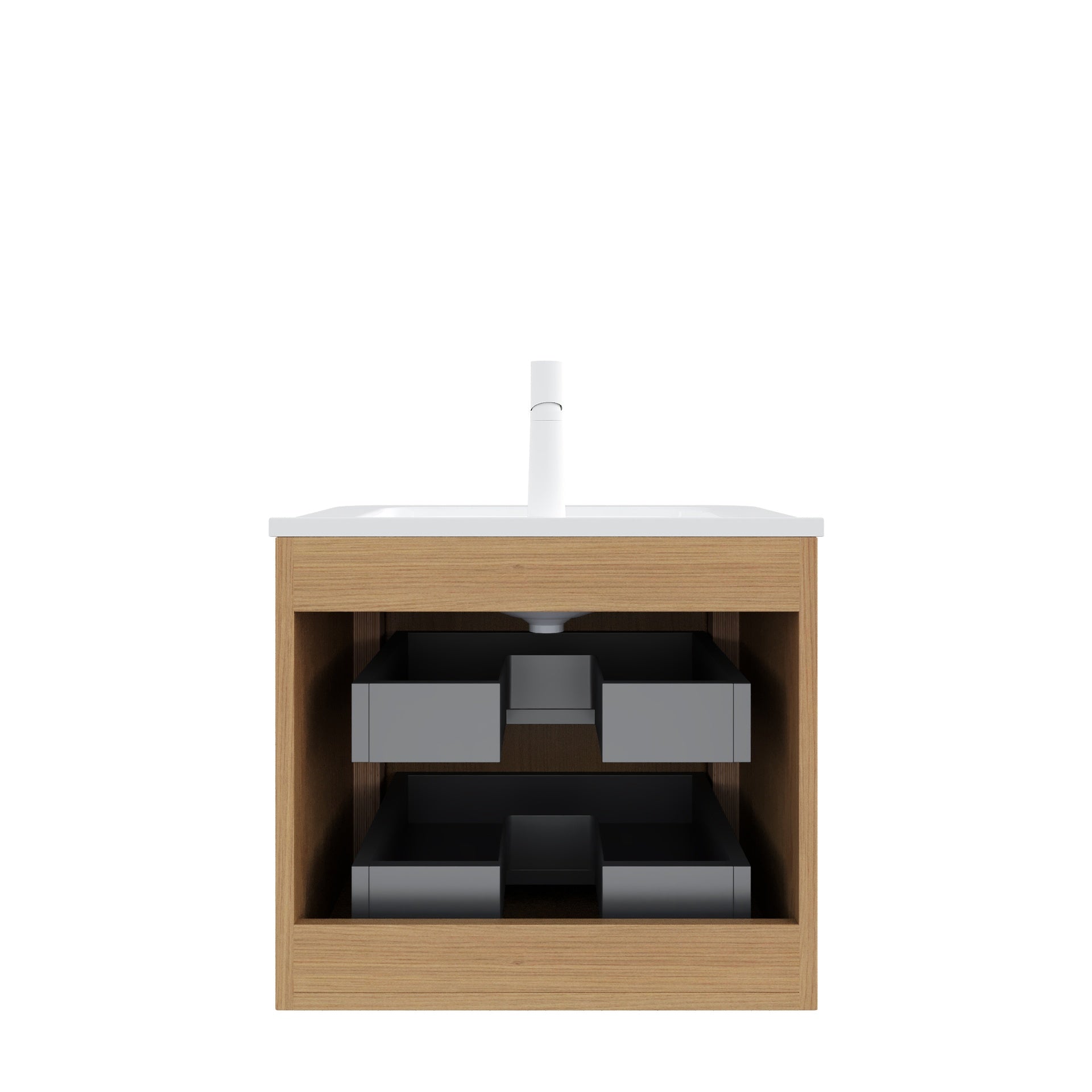NOOR 24" Bathroom Vanity with Sink, Wall-Mounted Floating Plywood Striped Bathroom Storage Cabinet with 2 Drawers, White Rectangle Ceramic Basin, NO Faucet, Pre-assembled, Natural Woodgrain Color