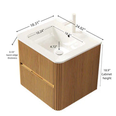 NOOR 24" Bathroom Vanity with Sink, Wall-Mounted Floating Plywood Striped Bathroom Storage Cabinet with 2 Drawers, White Rectangle Ceramic Basin, NO Faucet, Pre-assembled, Natural Woodgrain Color