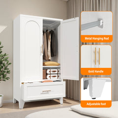 60 inch Tall Metal Wardrobe Cabinet with 1 Drawer and Hanging Rod, 2 Doors Wardrobe Closet with Shelf for Bedroom, Office, Laundry Room,Entryway ,Foyer,Guesthouse (White)