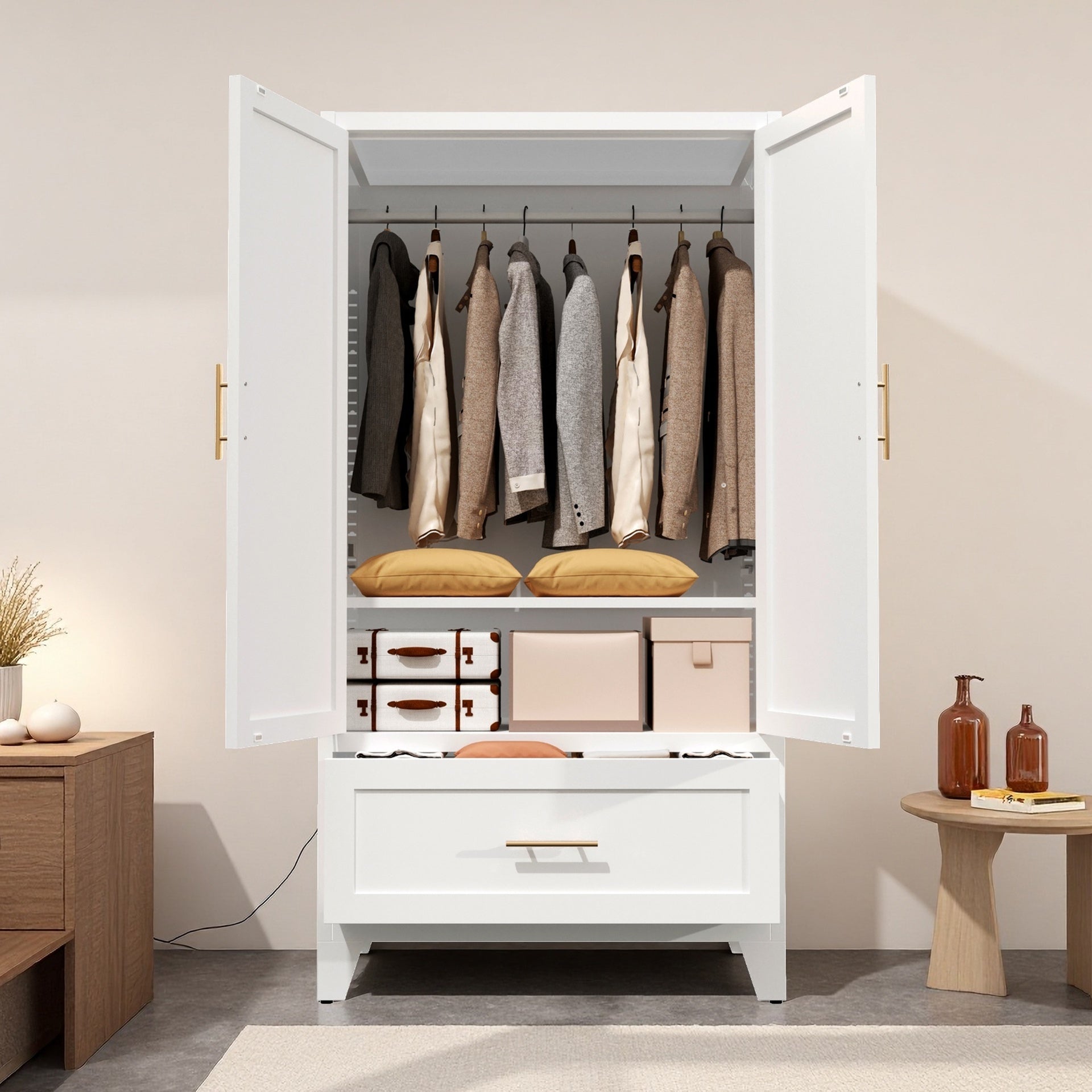 60 inch Tall Metal Wardrobe Cabinet with 1 Drawer and Hanging Rod, 2 Doors Wardrobe Closet with Shelf for Bedroom, Office, Laundry Room,Entryway ,Foyer,Guesthouse (White)