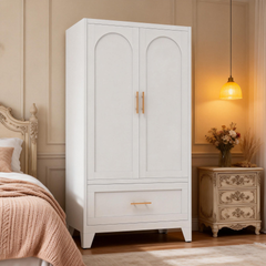 60 inch Tall Metal Wardrobe Cabinet with 1 Drawer and Hanging Rod, 2 Doors Wardrobe Closet with Shelf for Bedroom, Office, Laundry Room,Entryway ,Foyer,Guesthouse (White)