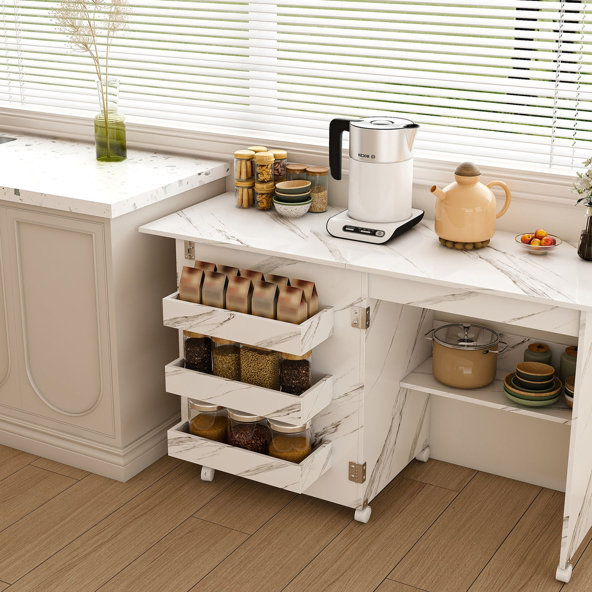 4-in-1 Folding Sewing Table with Lockable Wheels – Multi-Functional Craft Station, End Table, Computer Desk & Kitchen Storage with Shelves, White Rolling Sewing Machine Table for Apartments