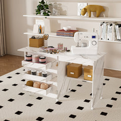 4-in-1 Folding Sewing Table with Lockable Wheels – Multi-Functional Craft Station, End Table, Computer Desk & Kitchen Storage with Shelves, White Rolling Sewing Machine Table for Apartments