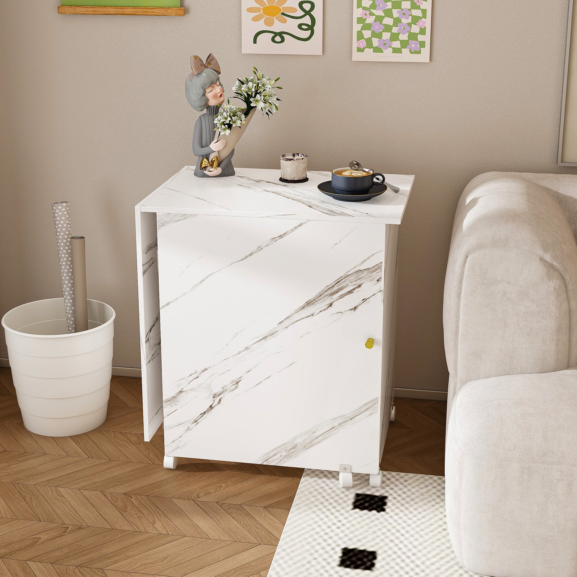 4-in-1 Folding Sewing Table with Lockable Wheels – Multi-Functional Craft Station, End Table, Computer Desk & Kitchen Storage with Shelves, White Rolling Sewing Machine Table for Apartments