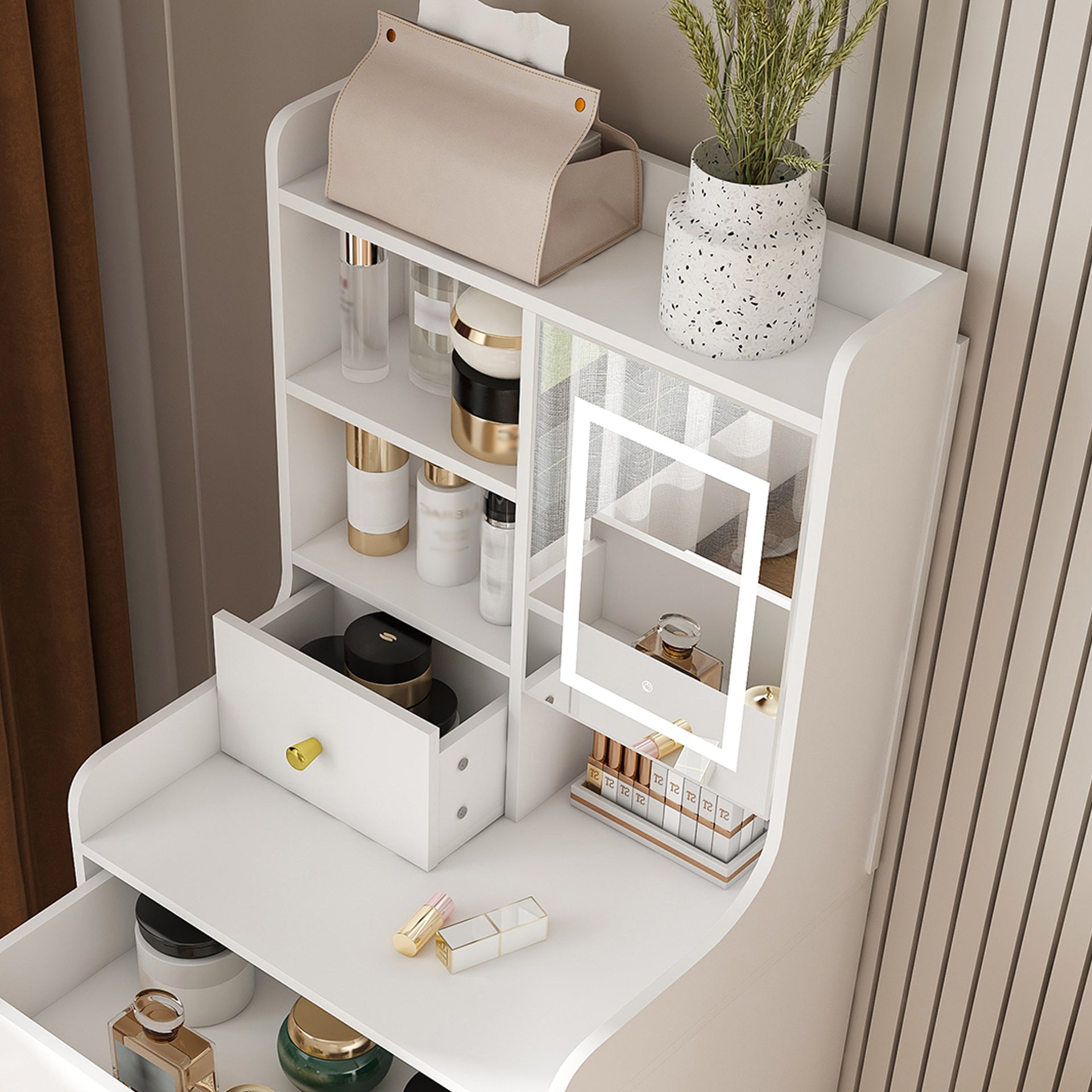 3-in-1 Dressing Table with LED Mirror & Storage Stool - Compact Makeup Vanity with 4 Drawers, Storage Cabinet & Hidden Stool, White Density Board Design, Open Bookshelf for Bedroom Organization
