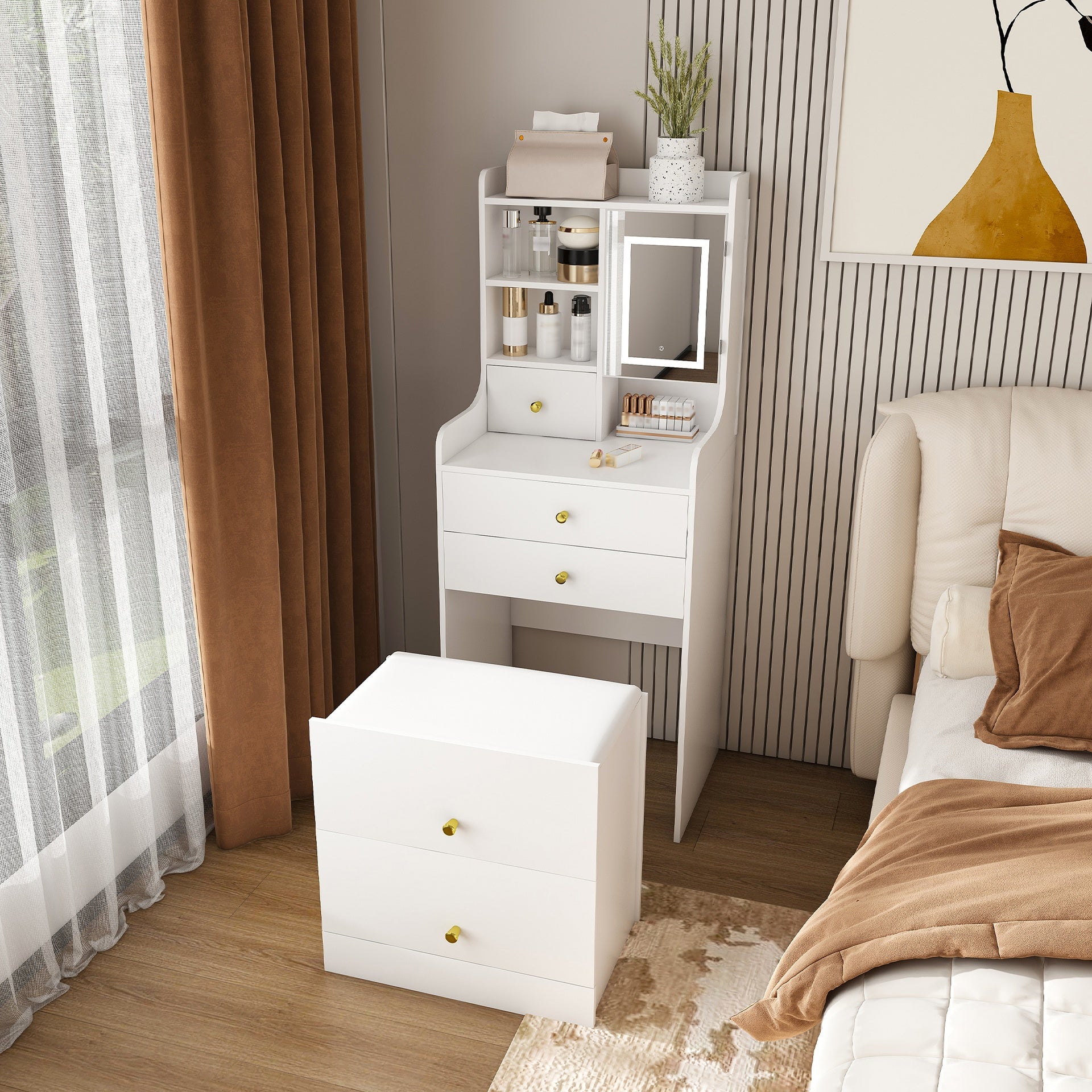 3-in-1 Dressing Table with LED Mirror & Storage Stool - Compact Makeup Vanity with 4 Drawers, Storage Cabinet & Hidden Stool, White Density Board Design, Open Bookshelf for Bedroom Organization