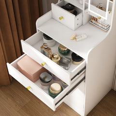 3-in-1 Dressing Table with LED Mirror & Storage Stool - Compact Makeup Vanity with 4 Drawers, Storage Cabinet & Hidden Stool, White Density Board Design, Open Bookshelf for Bedroom Organization