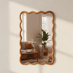 Yellowish Brown 24"x36" Wavy Rectangle Solid Wood Frame Decorative Mirror,For Bedroom, Bathroom, Living Room, Entryway