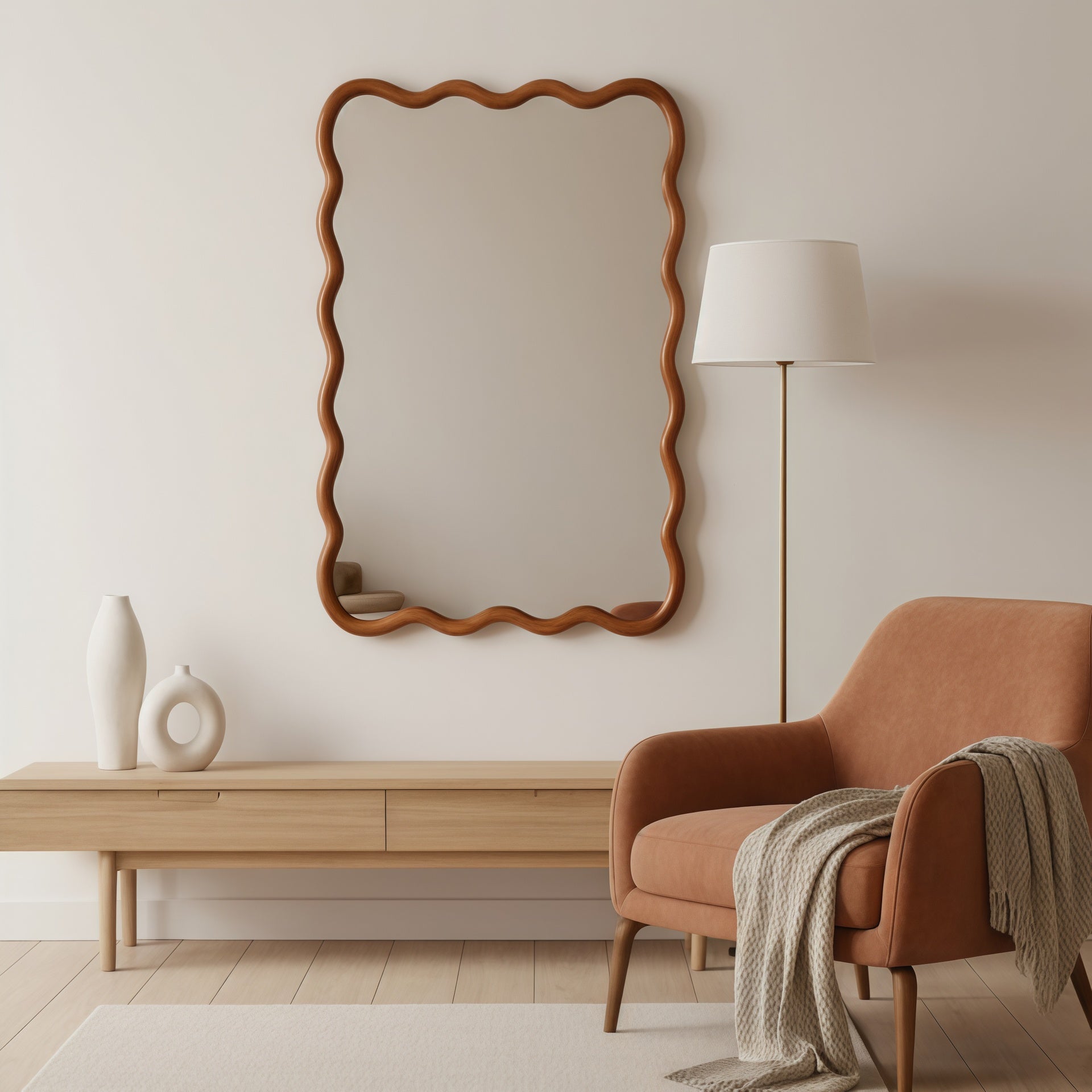 Yellowish Brown 24"x36" Wavy Rectangle Solid Wood Frame Decorative Mirror,For Bedroom, Bathroom, Living Room, Entryway