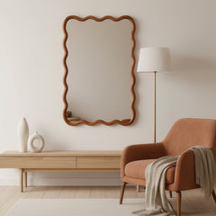 Yellowish Brown 24"x36" Wavy Rectangle Solid Wood Frame Decorative Mirror,For Bedroom, Bathroom, Living Room, Entryway