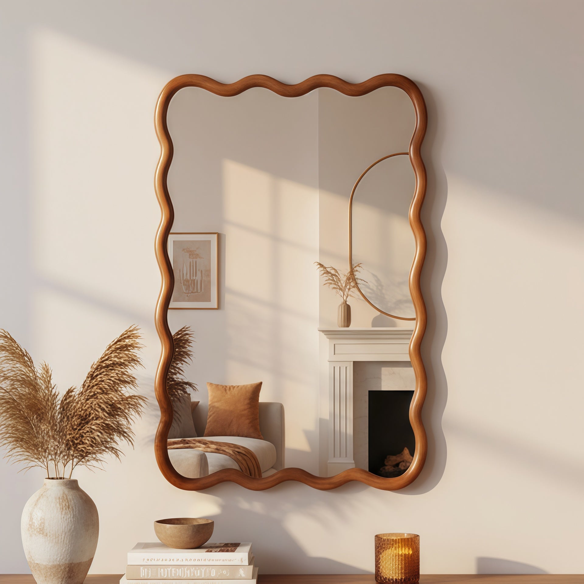Yellowish Brown 24"x36" Wavy Rectangle Solid Wood Frame Decorative Mirror,For Bedroom, Bathroom, Living Room, Entryway