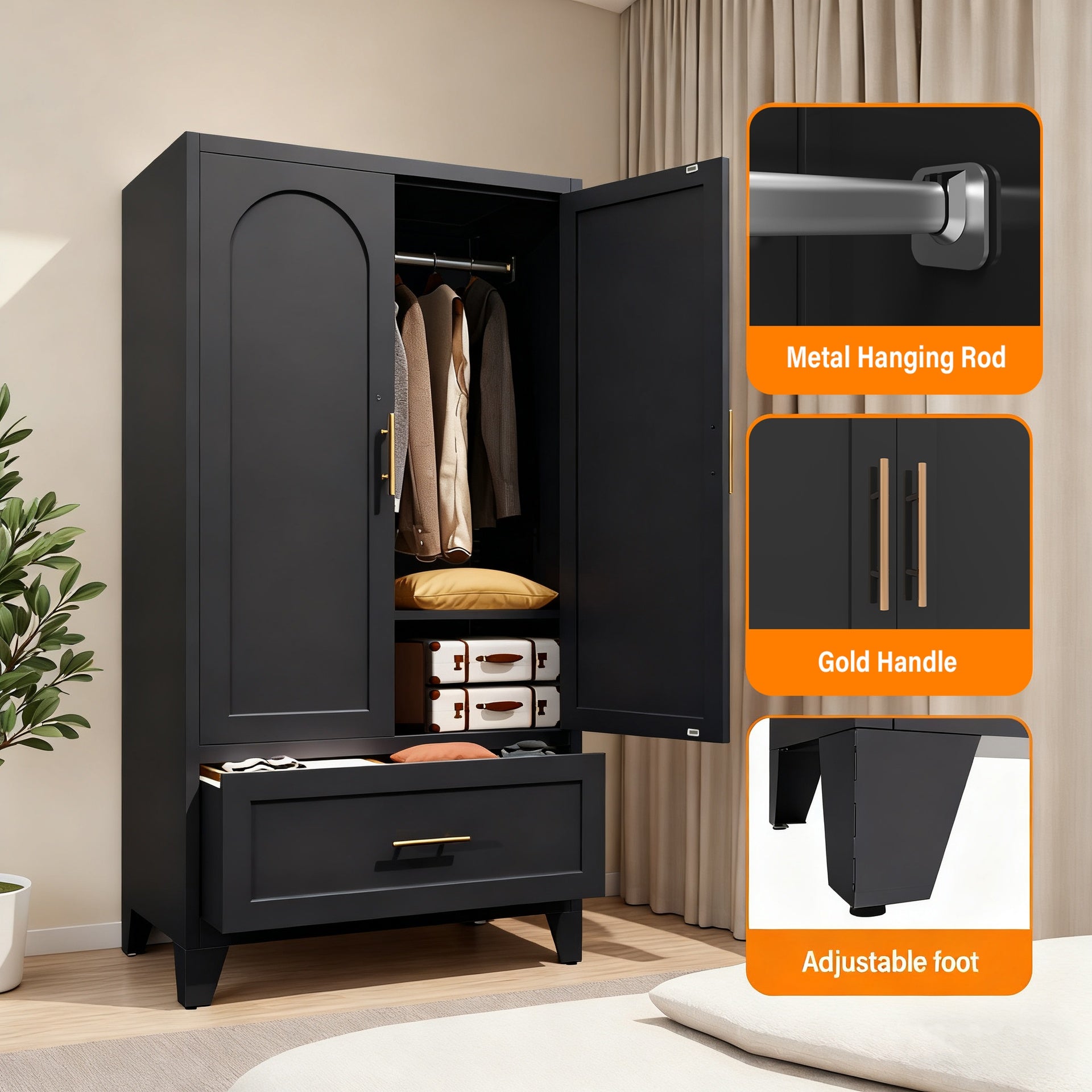 60 inch Tall Metal Wardrobe Cabinet with 1 Drawer and Hanging Rod, 2 Doors Wardrobe Closet with Shelf for Bedroom, Office, Laundry Room,Entryway ,Foyer,Guesthouse (Black)