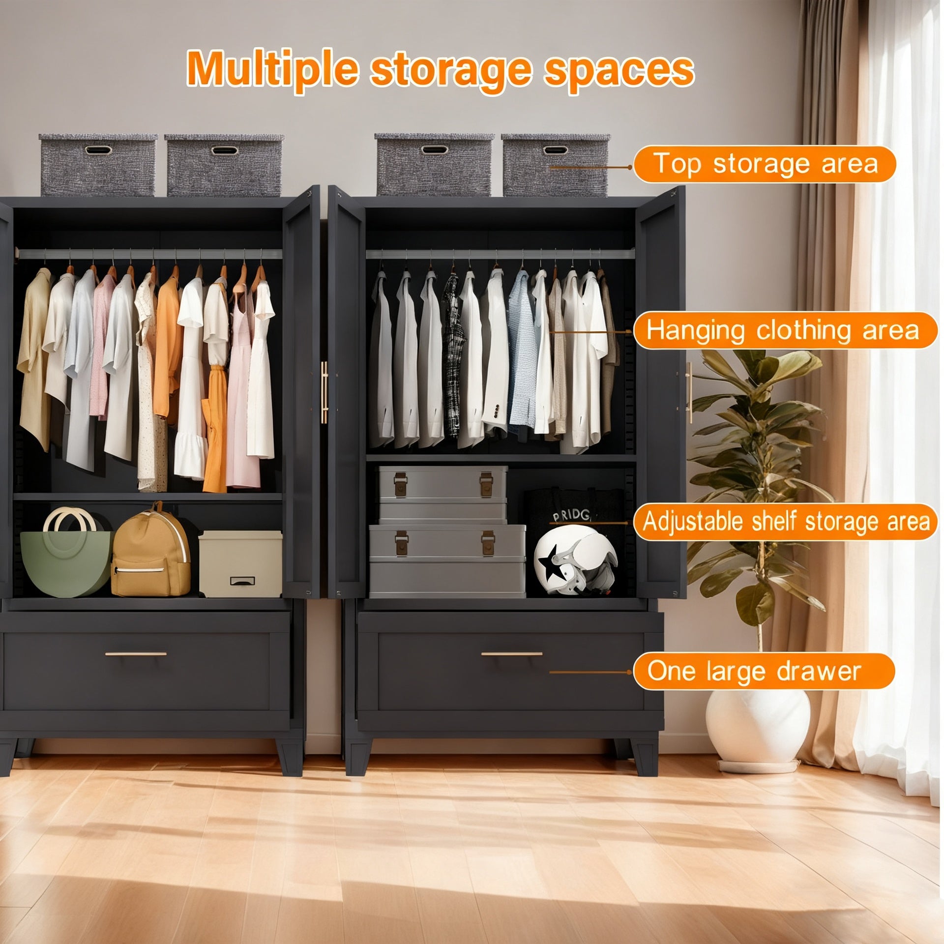 60 inch Tall Metal Wardrobe Cabinet with 1 Drawer and Hanging Rod, 2 Doors Wardrobe Closet with Shelf for Bedroom, Office, Laundry Room,Entryway ,Foyer,Guesthouse (Black)