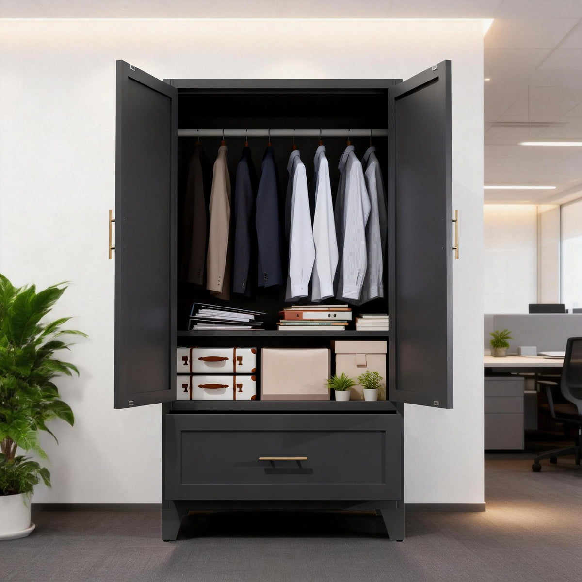 60 inch Tall Metal Wardrobe Cabinet with 1 Drawer and Hanging Rod, 2 Doors Wardrobe Closet with Shelf for Bedroom, Office, Laundry Room,Entryway ,Foyer,Guesthouse (Black)