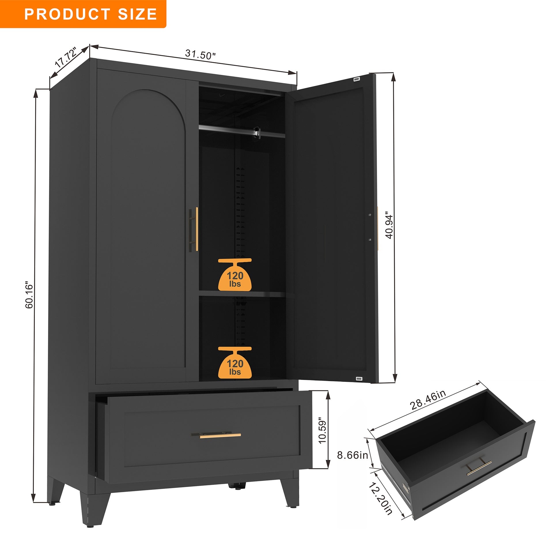60 inch Tall Metal Wardrobe Cabinet with 1 Drawer and Hanging Rod, 2 Doors Wardrobe Closet with Shelf for Bedroom, Office, Laundry Room,Entryway ,Foyer,Guesthouse (Black)