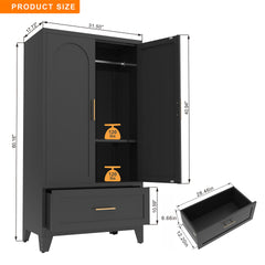 60 inch Tall Metal Wardrobe Cabinet with 1 Drawer and Hanging Rod, 2 Doors Wardrobe Closet with Shelf for Bedroom, Office, Laundry Room,Entryway ,Foyer,Guesthouse (Black)