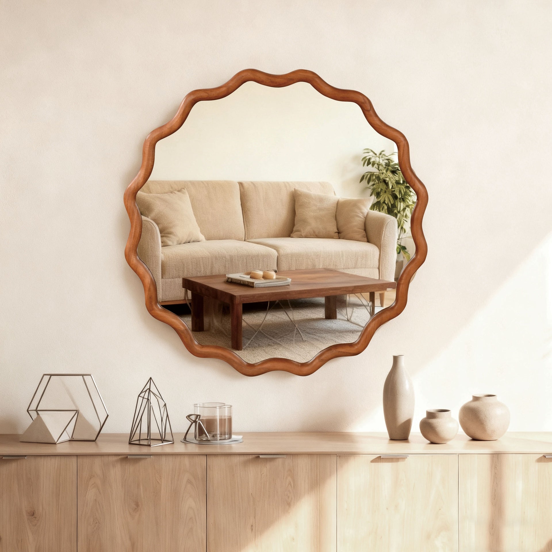 Yellowish Brown 30 inch Wavy Round Solid Wood Frame Decorative Mirror,For Bedroom, Bathroom, Living Room, Entryway